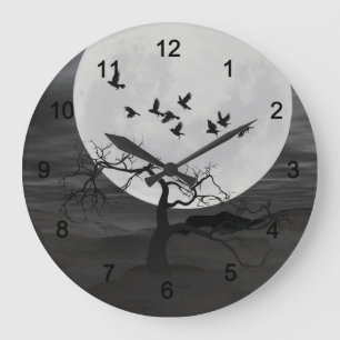 Grande Horloge Ronde Spooky Ravens Flying Against the Full Moon