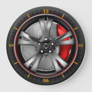 Grande Horloge Ronde Sport car wheel with red bray gear large clock