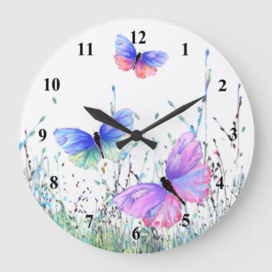 Grande Horloge Ronde Spring Joy - Colorful Butterflies Flying in Nature