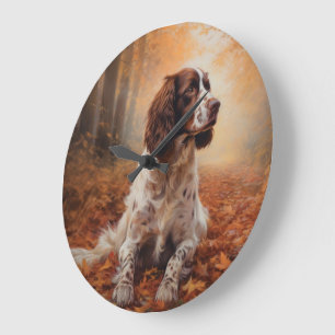 Grande Horloge Ronde Springer Spaniel dans les feuilles d'automne qui t