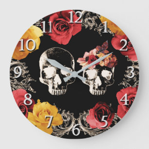 Grande Horloge Ronde Squelette Crâne Rouge Jaune Automne Florale