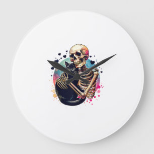 Grande Horloge Ronde Squelette drôle câlinant un chat aquarelle crâne