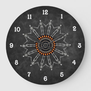 Grande Horloge Ronde Squelette Fleur Gothique Gris