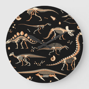 Grande Horloge Ronde Squelettes de dinosaures, fossiles, motif vintage.