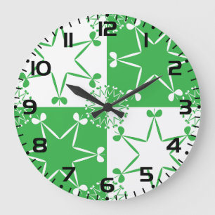 Grande Horloge Ronde St Patricks Day Vert Clover Étoile Géométrique