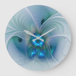 Grande Horloge Ronde Standing Ovations, Abstract Blue Turquoise Fractal