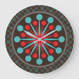 Grande Horloge Ronde Starburst Mid Century moderne rouge Turquoise