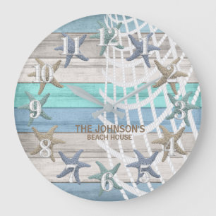 Grande Horloge Ronde Starfish and Beach Wood Nautique - Turquoise bleu