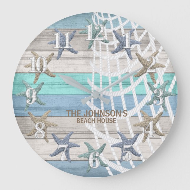 Grande Horloge Ronde Starfish and Beach Wood Nautique - Turquoise bleu (Recto)