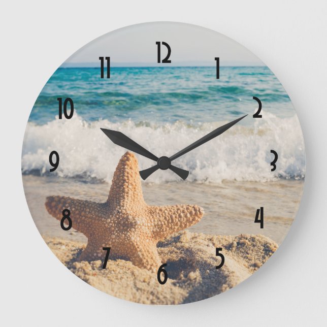 Grande Horloge Ronde Starfish sur une plage de sable Photo (Recto)