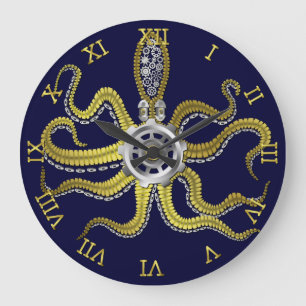 Grande Horloge Ronde Steampunk Gears Octopus Kraken Nautical Gold Blue