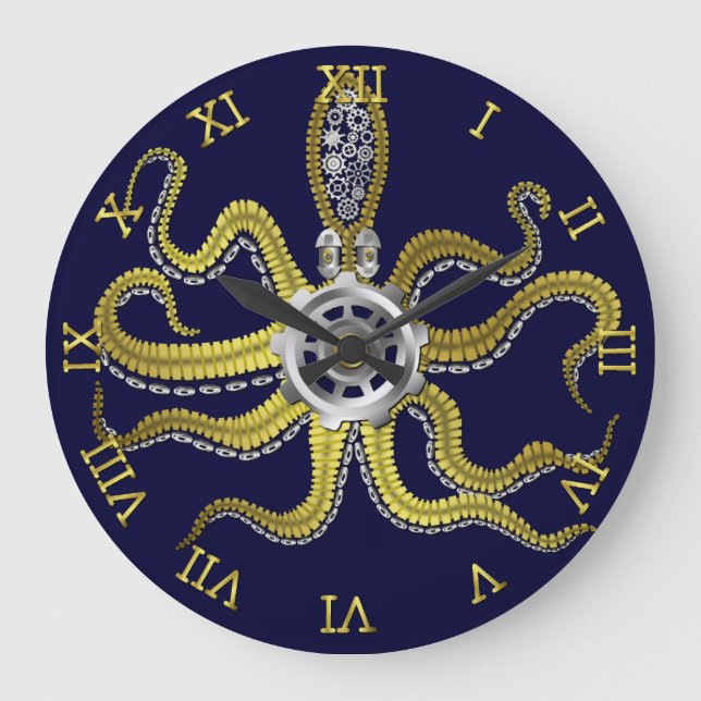 Grande Horloge Ronde Steampunk Gears Octopus Kraken Nautical Gold Blue (Recto)