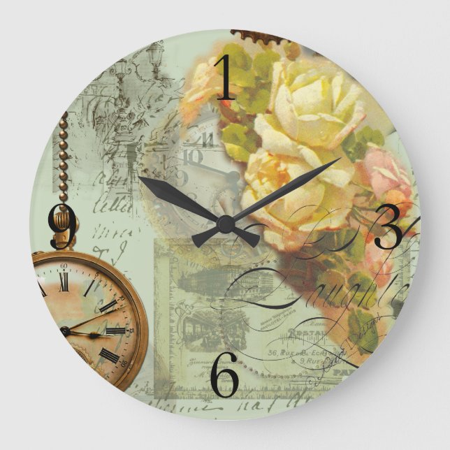 Grande Horloge Ronde Steampunk & Roses Jaunes en Vert (Recto)