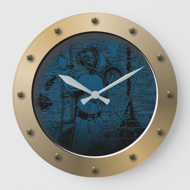 Grande Horloge Ronde Steampunk Sous-marin Porthol SCUBA Diver (Recto)