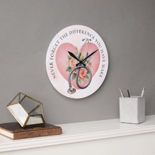 Grande Horloge Ronde Stéthoscope Floral Cœur Bureau d'infirmière