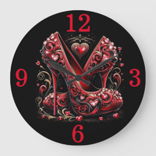 Grande Horloge Ronde Stilettos rouges et coeurs