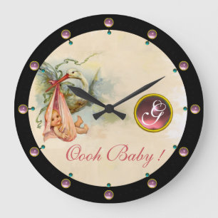 GRANDE HORLOGE RONDE STORK BABY GIRL SHOWER PINKGEM STONE MONOGRAM