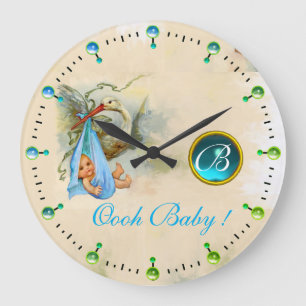 GRANDE HORLOGE RONDE STORK BÉBÉ GARÇON DOUCHE BLEU GEMSTONE MONOGRAM