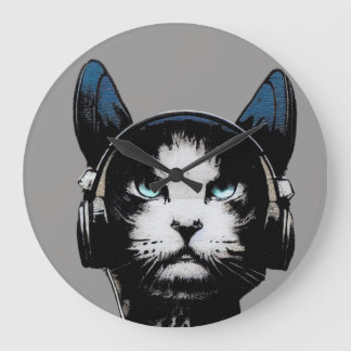 Grande Horloge Ronde Street Art Cat With Headphones Clock