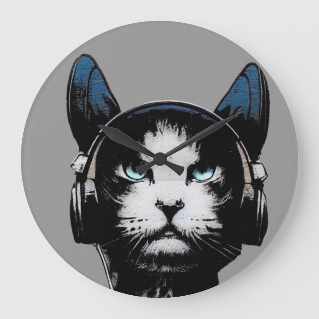 Grande Horloge Ronde Street Art Cat With Headphones Clock (Recto)