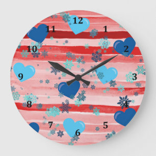 Grande Horloge Ronde Stripes Red & White Hearts & Snowflakes