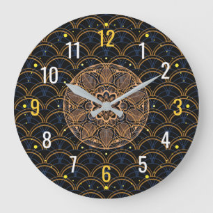 Grande Horloge Ronde Style Art Déco vintage - Géométrique Noir Or