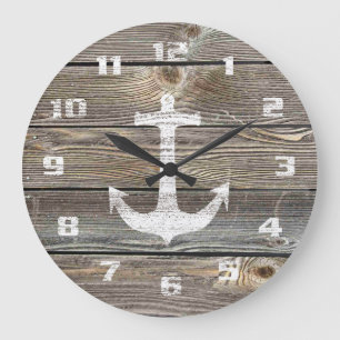 Grande Horloge Ronde Style authentique Bois Rustique Ancre nautique
