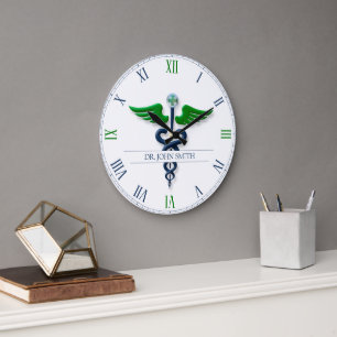 Grande Horloge Ronde Style Caduceus Green Wings Croix Bleu Médicale