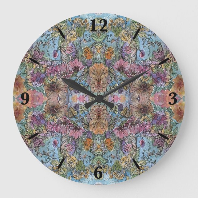 Grande Horloge Ronde Style Chic Flower Garden aquarelle peinture (Recto)