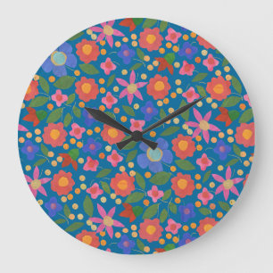 Grande Horloge Ronde Style d'art populaire Floral sur Bleu Acrylique Ho