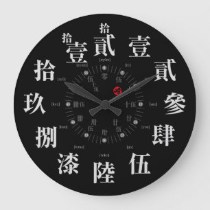 Grande Horloge Ronde Style kanji japonais ancien [visage noir]