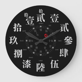 Grande Horloge Ronde Style kanji japonais ancien [visage noir]
