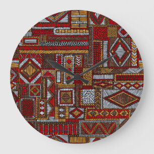 Grande Horloge Ronde Style Patchwork Impression ethnique brodée