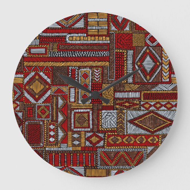 Grande Horloge Ronde Style Patchwork Impression ethnique brodée (Recto)