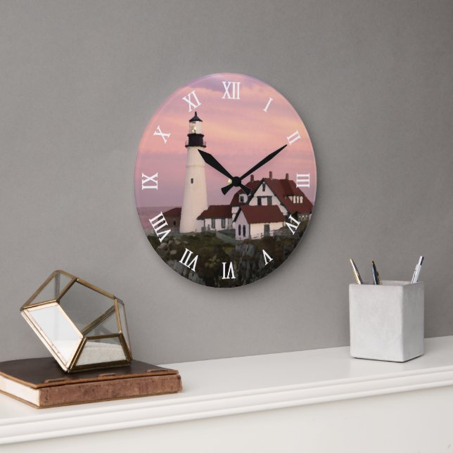 Grande Horloge Ronde Style Peinture d'aquarelle du phare du Maine (Bureau)