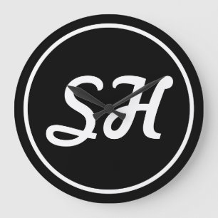 Grande Horloge Ronde Style Rétro-Moderne Monogramme Noir & Blanc