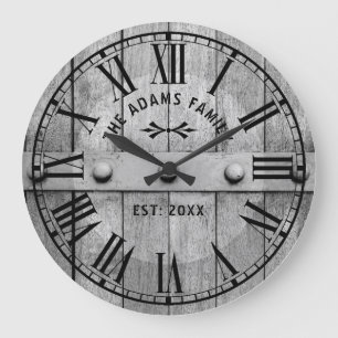 Grande Horloge Ronde Style Rustique Bois Personnalisé Nom de famille Ho