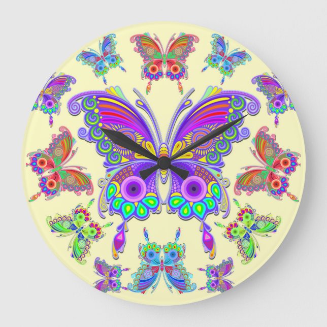 Grande Horloge Ronde Style tatoué Butterfly Colorful (Recto)