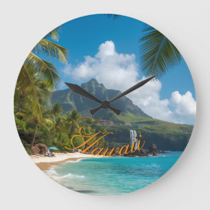Grande Horloge Ronde Style Vintage Hawaïen Palmiers Mer Ciel Voyage