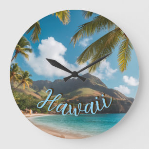 Grande Horloge Ronde Style Vintage Palmiers Bleus de Mer Hawaïens Ciel