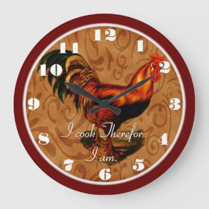 Grande Horloge Ronde Stylish Country Rooster Je cuisine là-bas Je suis
