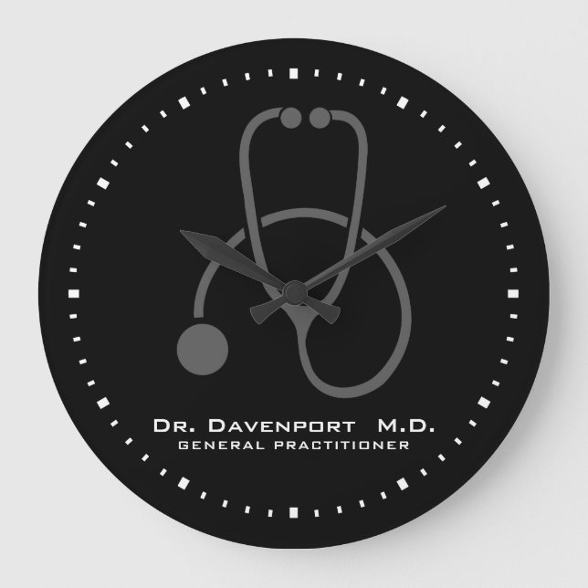 Grande Horloge Ronde Stylish Grey Stethoscope Illustration sur Black (Recto)