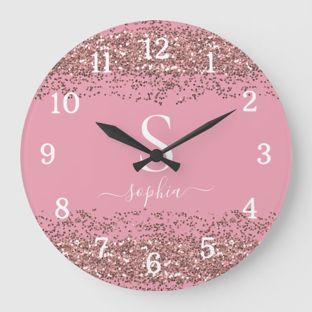 Grande Horloge Ronde Stylish Pink Glitter Monogram Script (Recto)