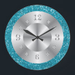 Grande Horloge Ronde Stylish Turquoise Blue Glitter<br><div class="desc">A stylish glitter clock in silver and turquoise blue.</div>
