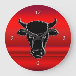 Grande Horloge Ronde Stylized Black Taurus Bull Head, red metallic-look
