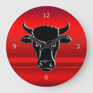 Grande Horloge Ronde Stylized Black Taurus Bull Head, red metallic-look