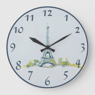 Grande Horloge Ronde Stylo Tour Eiffel et croquis d'encre en gris/bleu