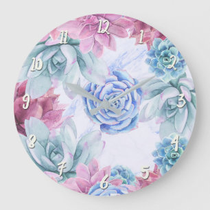 Grande Horloge Ronde Succulentes Fête Moderne Jardin Floral Blanc Chic