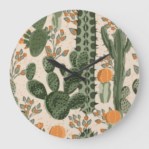 Grande Horloge Ronde Succulents verts, fleurs oranges, papier peint de