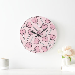 Grande Horloge Ronde Sucettes roses, sucettes en forme de cœur, motif d